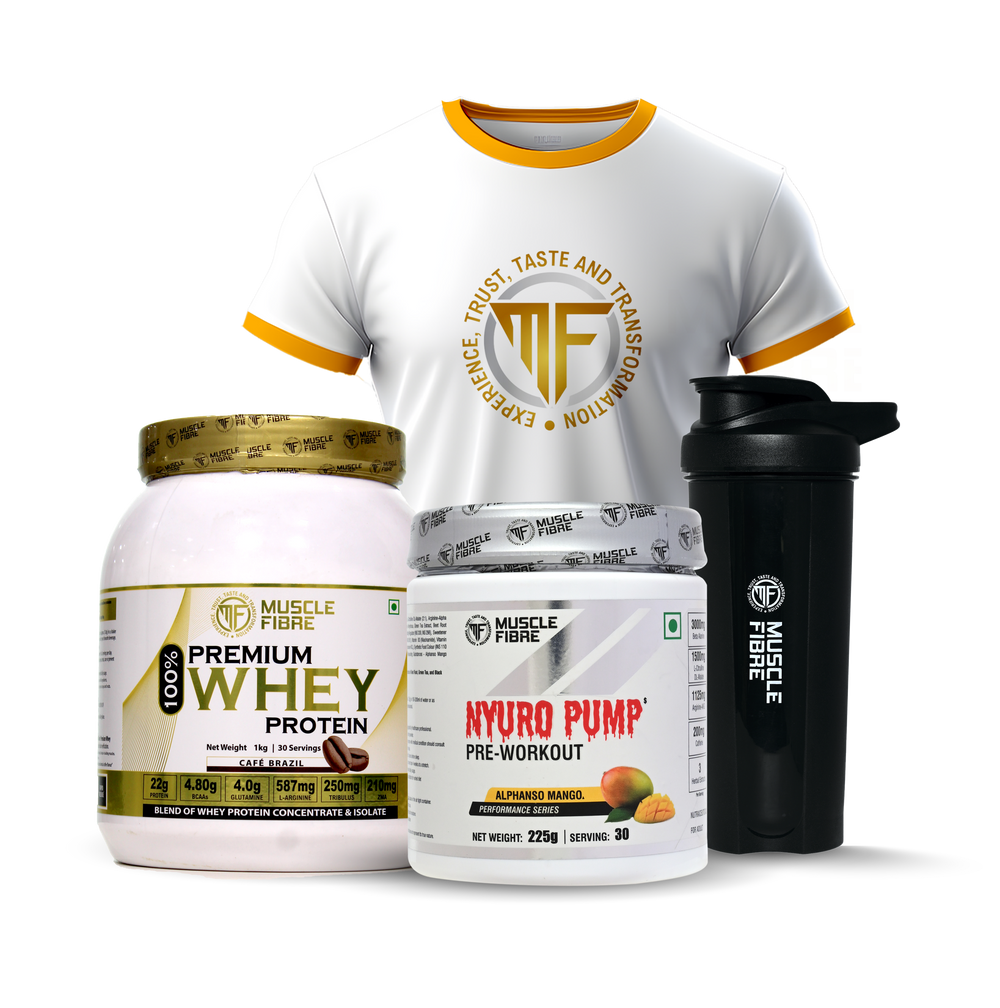 Premium Whey Protein 1KG + Nyuro Pump Pre Workout + Apple Cider Vinegar + Shaker + T Shirt